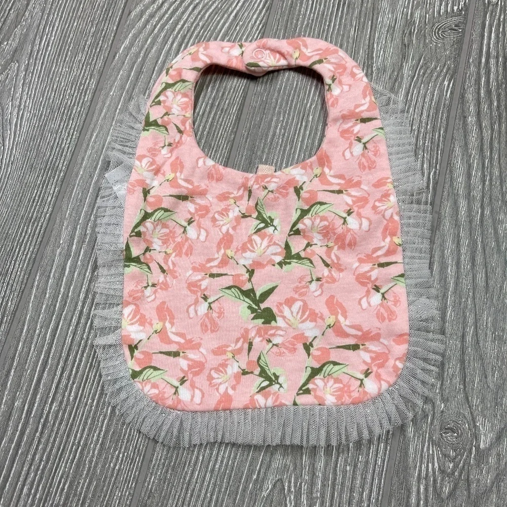 NICOLE MILLER Infant Baby Bib Girl 6 - 9 M Pink & White Floral with Ruffles